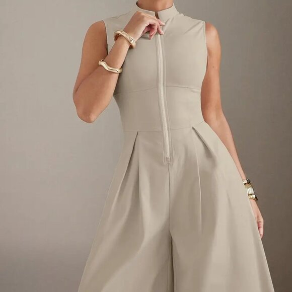 Ivory White Wide Leg Zip Up High Neck Jumpsuit - Picture 5 of 7